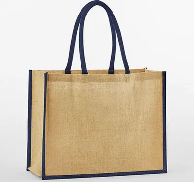 Immagine prodotto di Westford Mill W470 | Natural Starched Jute Classic Shopping Bag - Colore: Natural/Navy - Dimensioni: 42 x 33 x 19 cm