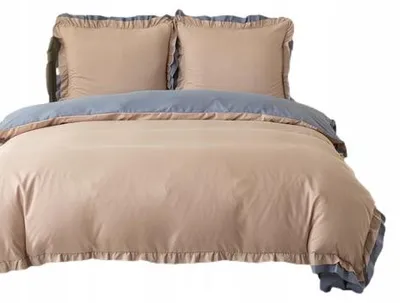 Image de Coton world Parure de lit réversible microfibre beige à volants