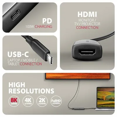 Productafbeelding van Axagon RVC-HI8KPD, USB-C naar HDMI 2.1 adapter/converter, 8K/60Hz, 4K/144Hz, HDR10+, PD100W, 0,16 m, USB Type-C, HDMI + USB Type-C, Mannelijk, Vrouwelijk, 7680 x 4320 px