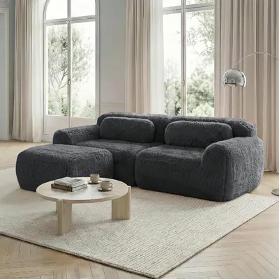 Image de Canapé modulable en L à deux places, tissu peluche moelleux, à combiner librement avec des coussins, très élastique et ne nécessitant aucun montage, pour les petits salons, gris