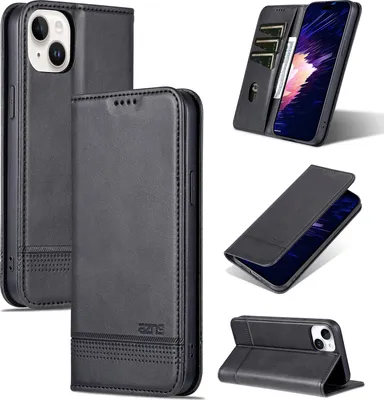 Immagine prodotto di Custodia in pelle per iPhone 15, custodia pieghevole a portafoglio con chiusura magnetica e supporto nero
