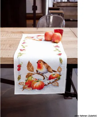 Produktbild von Vervaco Tischläufer "Rotkehlchen mit Äpfeln", Zählmuster
