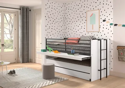 A child's bedroom with a bunk bed, desk, and toys.