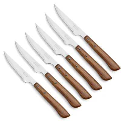Steakmesserset 6tlg. mit Sägeblatt, Klinge 110 mm, Holzgriff