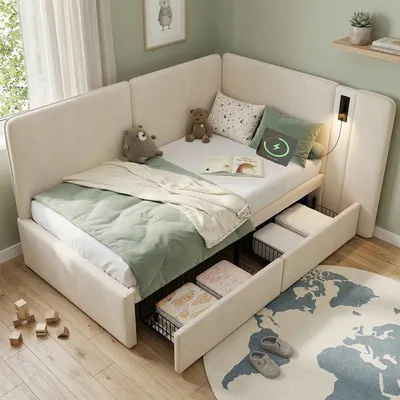 Produktbild von Daybett 90x200 cm mit 2 Schubladen, Polsterbett, Tagesbett, Schlafsofa mit USB-Ladeanschluss und Leselampe, Samt, beige