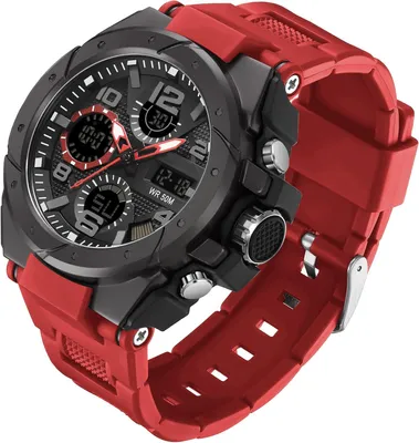 Image de Montre militaire pour hommes, analogique et numérique, étanche jusqu'à 5 ATM, avec double affichage de l'heure, chronomètre, réveil, calendrier et écran LED rouge et noir