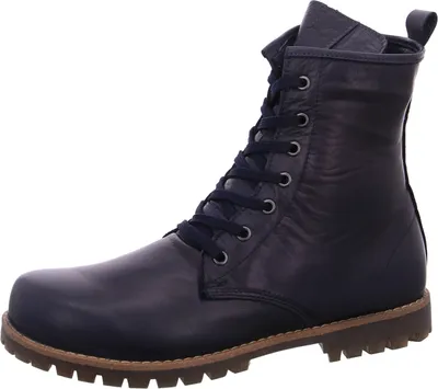 A single blue lace-up boot is shown against a white background.