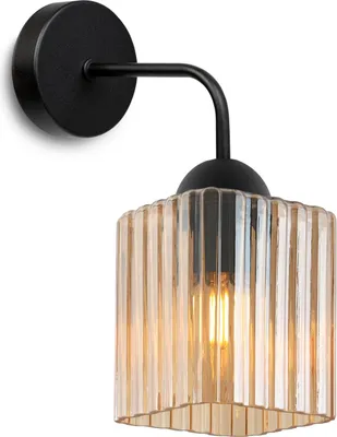 Image de Applique murale Riffle noire à 1 flamme avec abat-jour cube couleur miel E27 – lampe murale élégante pour les intérieurs modernes