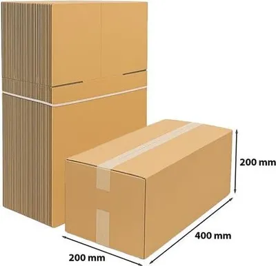 A stack of cardboard boxes and one individual box with dimensions indicated.