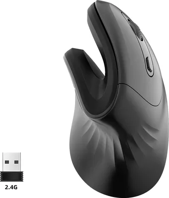 A black ergonomic vertical mouse and a USB receiver are shown against a white background.