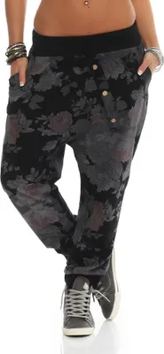 Produktbild von 130 Damen Jogginghose Hose Sweatpants Baumwolle Freizeithose Boyfriend Baggy Haremshose Einheitsgröße (36-40)  Blumen Muster Print, Schwarz