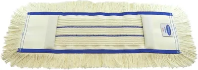 A close-up view of a white mop head with blue trim and a label.
