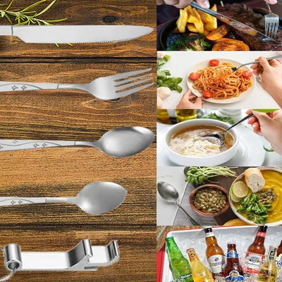 Zdjęcie produktu dla Zestaw sztućców kempingowych ze stali nierdzewnej – przenośny zestaw podróżny z widelcem – sztućce outdoorowe na wynos z etui – czarno-czerwone