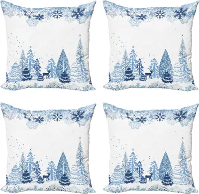 Produktbild von ABAKUHAUS Winter Kissenbezug Set (4 Stück), Deer Pine Trees Weihnachten, Moderner Doppelseitiger Digitaldruck, 45 cm x 45 cm, Blau Weiss