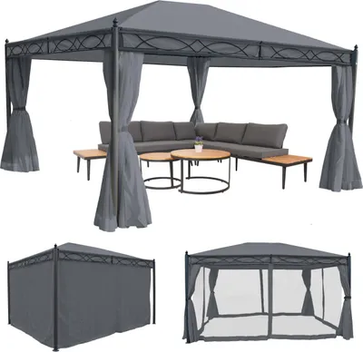 Produktbild von Pergola Cadiz, Garten Pavillon, stabiles 7cm-Gestell mit Seitenwand + Moskitonetz  grau 4x3m