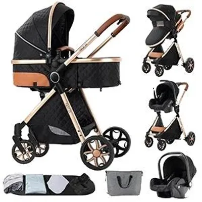 Image de Siège auto pour bébé, ensemble de voyage 3-en-1, design pliable, modèle YV9-BLACKGOLD