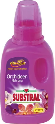 A bottle of orchid fertilizer with floral imagery.