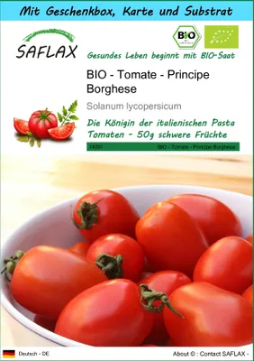 Produktbild von SAFLAX Geschenk Set - BIO - Tomate - Principe Borghese - Solanum lycopersicum - 10 Samen - Mit Geschenkbox, Versandaufkleber, Geschenkkarte und Anzuchtsubstrat