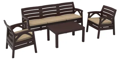 Image de Salon de jardin SOLVANA 5 places marron et beige avec canapé 3 places, fauteuils et table basse