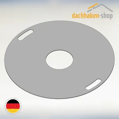 A 3D rendering of a round metal grill plate with a central hole and two oval cutouts on the edge, set against a light gray background.