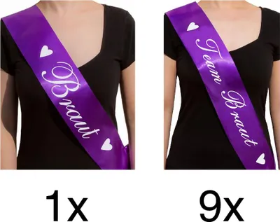 Produktbild von Oblique Unique Schärpe Braut + Team Braut Set JGA Hen Party Bride to be Herzen lila