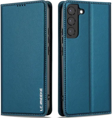 A blue flip phone case is shown from two angles, front and back.