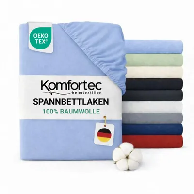 Produktbild von Komfortec Jersey Spannbettlaken 180x200 cm, 100% Baumwolle, Hellblau, KI-generiertes Bild