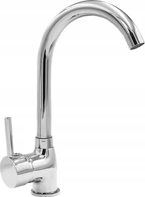 A chrome kitchen faucet on a white background.