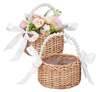 2er-Set Blumenkörbe aus Rattan mit Perlenhenkel, 20,35 x 16,15 cm