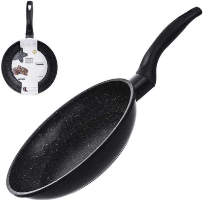 A frying pan is shown with its packaging in the background.