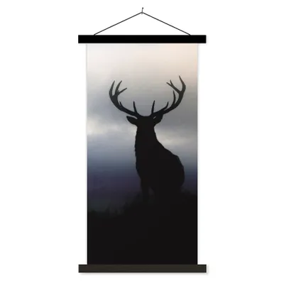 Produktbild von MuchoWow® Textilposter Hirsch - Scherenschnitt - Nebel 90x180 cm mit schwarzem Rahmen - Dekoration Wohnzimmer
