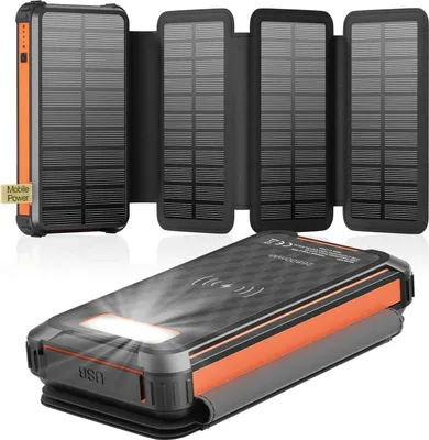 Produktbild von Solar-Powerbank 26800 mAh, kabelloses Laden PD 22,5 W, 3 Ausgänge, wasserdicht für den Außeneinsatz, 4 Solarpaneele, Weiß