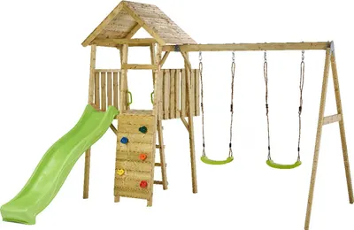 Image de KANGUI Aire de jeux portique en bois WOODI - Double balançoire, toboggan, mur d'escalade, cabane, échelle