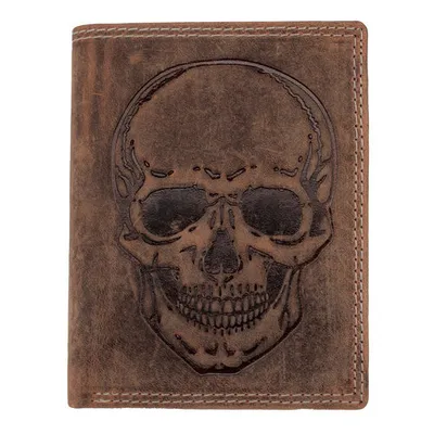 Produktbild von Stilvolles Büffelleder Portemonnaie Geldbörse mit RFID-Schutz und geprägtem Totenkopf-Motiv in Hunter Braun Echtleder