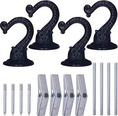 Produktbild von 4er Set Deckenhaken, schwarz, mit Schrauben und Dübeln