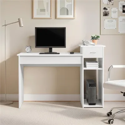 Produktbild von Yaheetech Computertisch Schreibtisch 112 x 87 x 50 cm Bürotisch mit Schublade Arbeitstisch 2 Ablage aus MDF PC Tisch Weiß