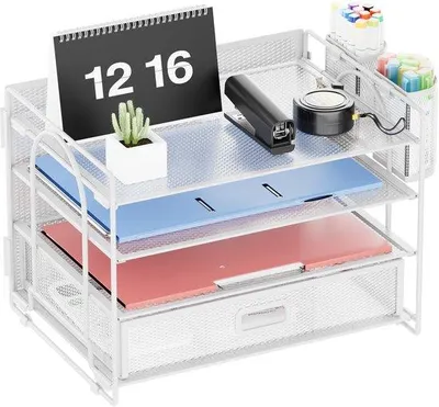 Imagen del producto de Organizador de escritorio Unyqoos® de metal con 4 compartimentos, 4 cajones extraíbles y 2 portabolígrafos, montaje sin necesidad de tornillos, ideal para oficina y hogar