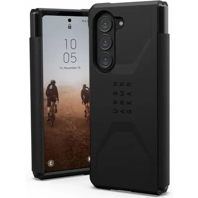 A black phone case is shown on a white background, with a phone inside it.