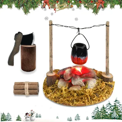 Productafbeelding van LED-vuuraccessoires voor kabouters en poppenhuizen, miniatuur, hout, zwart en grijs