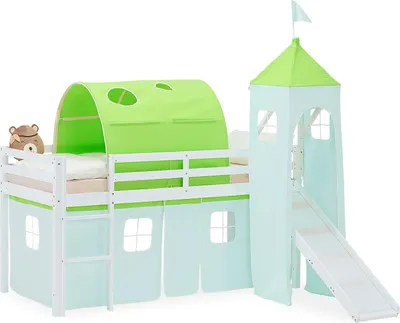 Image de Lit superposé 90x200 cm avec Toboggan Lit mezzanine en Bois Pin Massif Lit d'enfant Cadre de Lit Rideau Tour Tunnel Vert