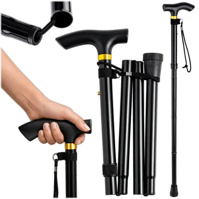 Zdjęcie produktu dla Składany trójnóg do chodzenia, regulowany na wysokość 82–92 cm, teleskopowy trójnóg dla seniorów, składana opieraczka z antypoślizgową podstawą, kolor czarny, Obraz wygenerowany przez AI