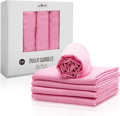 Produktbild von 5er Set Musselin Spucktücher in 80x80 cm aus 100% Baumwolle, hautfreundlich und besonders weich in rosa