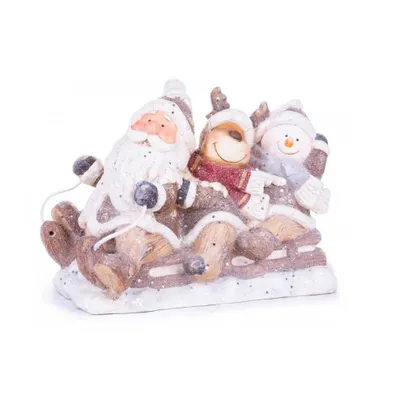 Image de Décoration de Noël, céramique, Père Noël, renne et bonhomme de neige sur traîneau, 45x23x34,5 cm