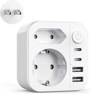 Productafbeelding van Reisadapter 6-in-1 - Wereldstekker Adapter - Apparaten Laden - Met Schakelaar - 7x7x4 cm - Wit