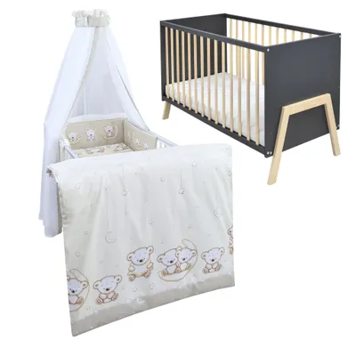 Produktbild von Babybett Kinderbett Gitterbett Juna 60x120 Anthrazit Schutzgitter Matratze Bettwäsche Set 10tlg Teddy Mond Beige