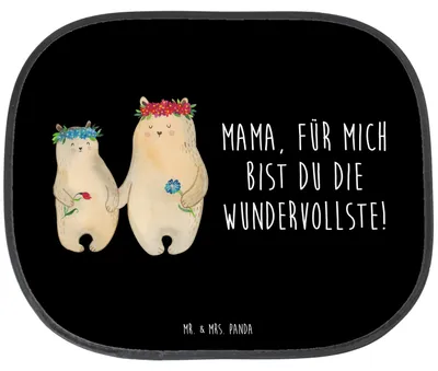 Produktbild von Mr. & Mrs. Panda Sonnenschutz Auto Bären mit Blumenkranz - Schwarz - Geschenk, Muttertag, Familie, Mama, Sonnenblende, saugnapf, Family, hitzeschutz