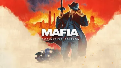 A man in a suit and fedora stands with a tommy gun, with a vintage car and city skyline in the background.