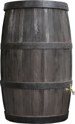 A dark brown wooden barrel with metal bands, featuring a brass spigot on the side.