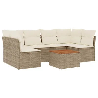 Produktbild von Modulares 7-tlg. Garten-Lounge-Set, Poly Rattan Beige, mit Stauraum, wasserabweisendem Beutel, Akazienholz-Tisch, UV-beständig