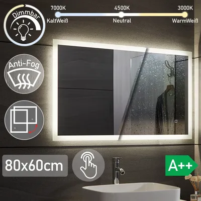 Produktbild von Aquamarin® LED Badspiegel - 80x60 cm, Beschlagfrei, Dimmbar, Energiesparend, mit Speicherfunktion, 3000-7000K - Badezimmerspiegel, LED Spiegel, Lichts